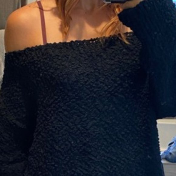 Comfy Off Shoulder Popcorn Knit Sweater BLACK - Picture 6 of 6